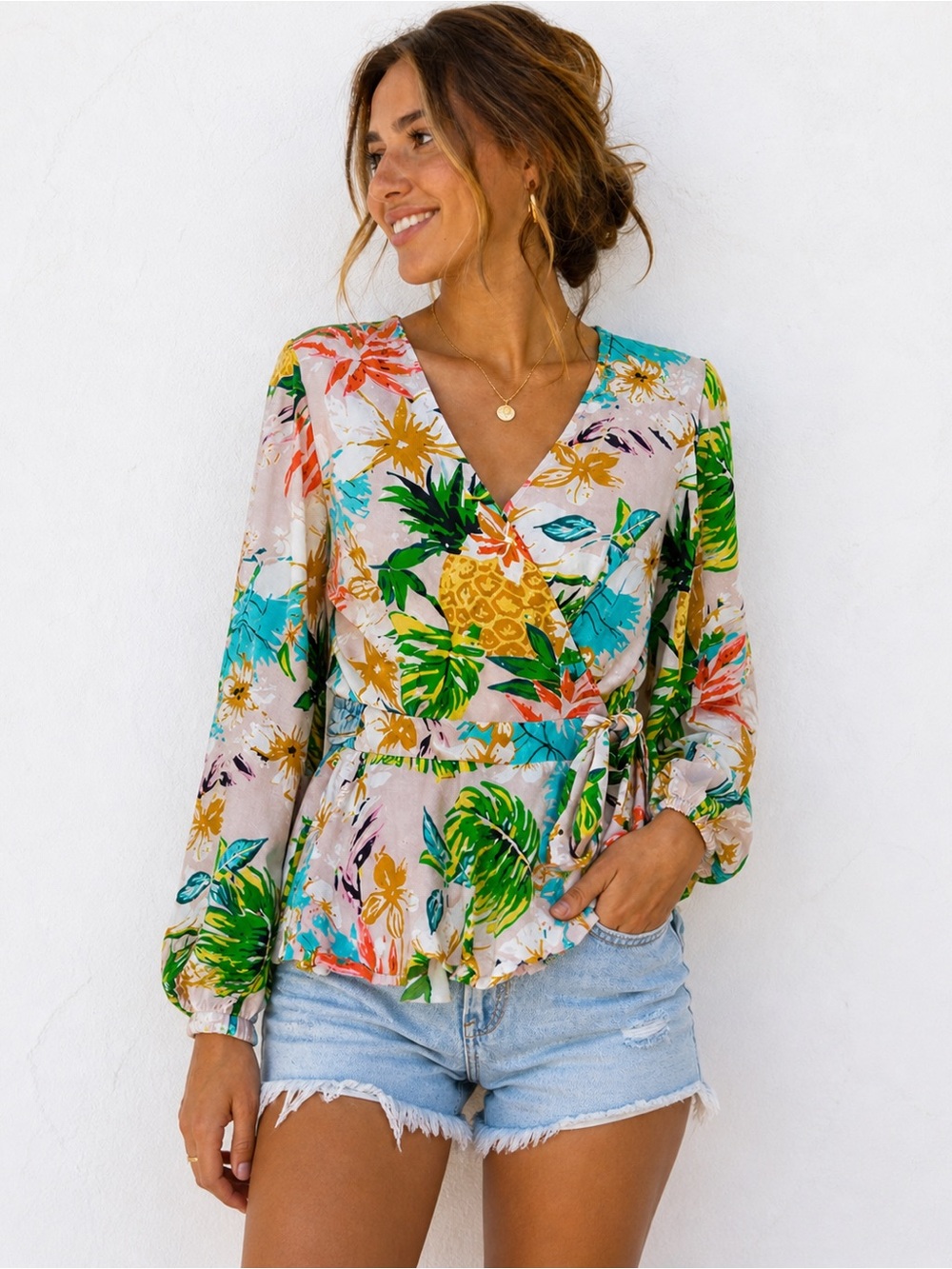 Skies Are Blue Tropical Pink Wrap Top Pineapple Floral Boho Peplum Blouse M